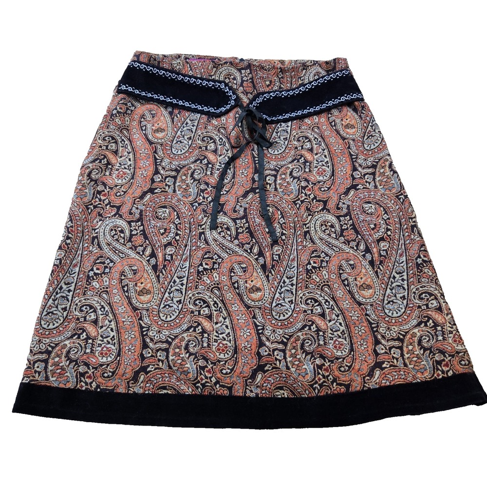 Mix Nouveau Women's Lined Tapestry Skirt w/ Navy Blue Velvet Trim Knee Length 14